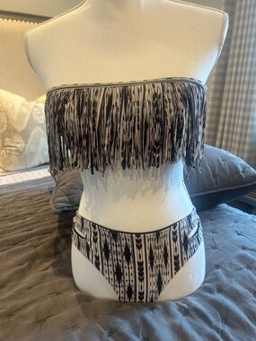 l*space Black and Cream Fringe Bandeau Bikini Set